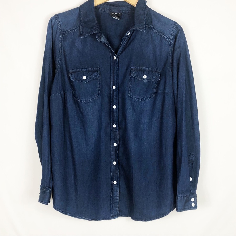 TORRID Denim Long Sleeve Button Down Top | Dark Blue | Size 0